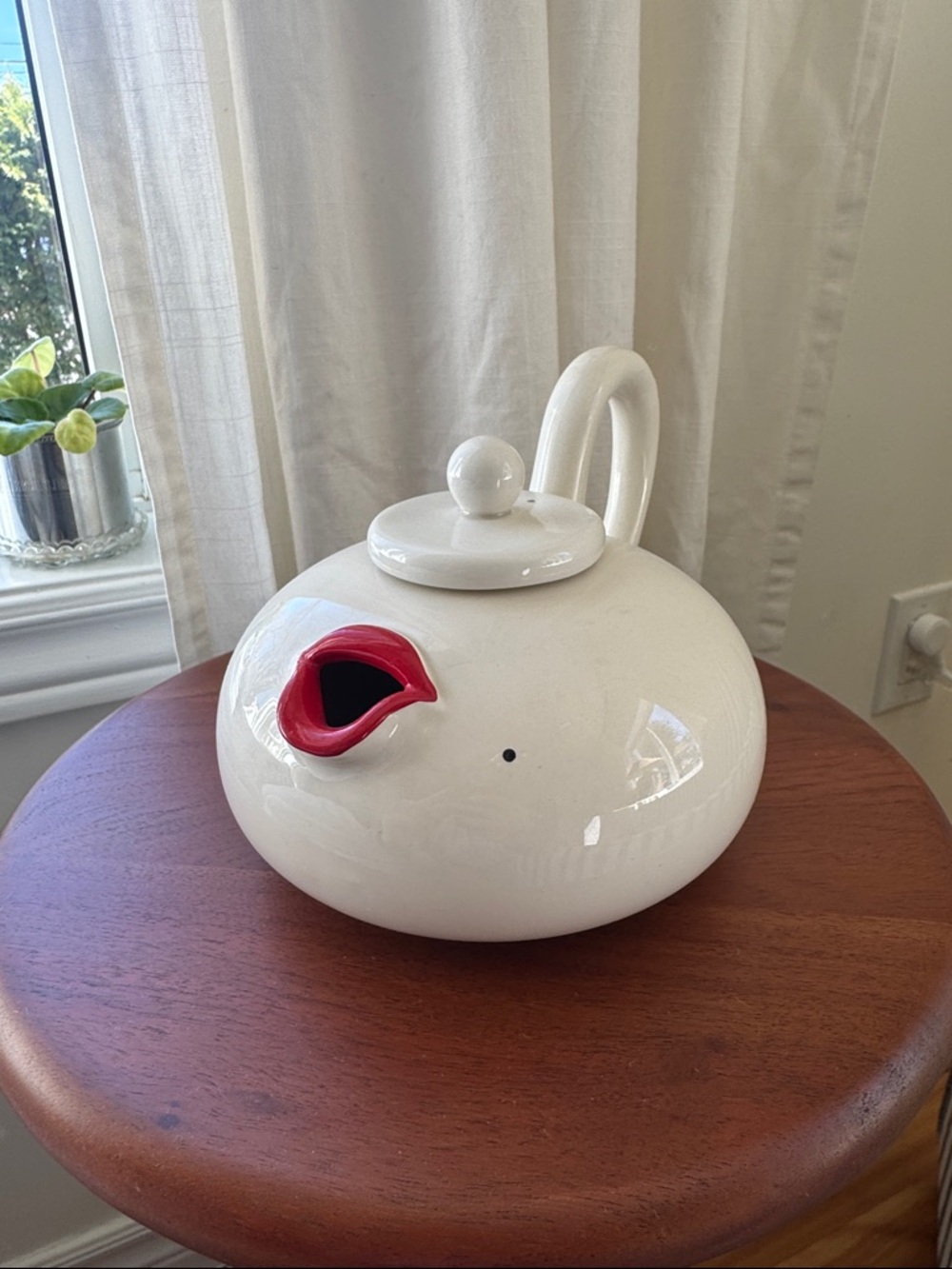 Fitz and Floyd White Ceramic Teapot with Red Spout Accent